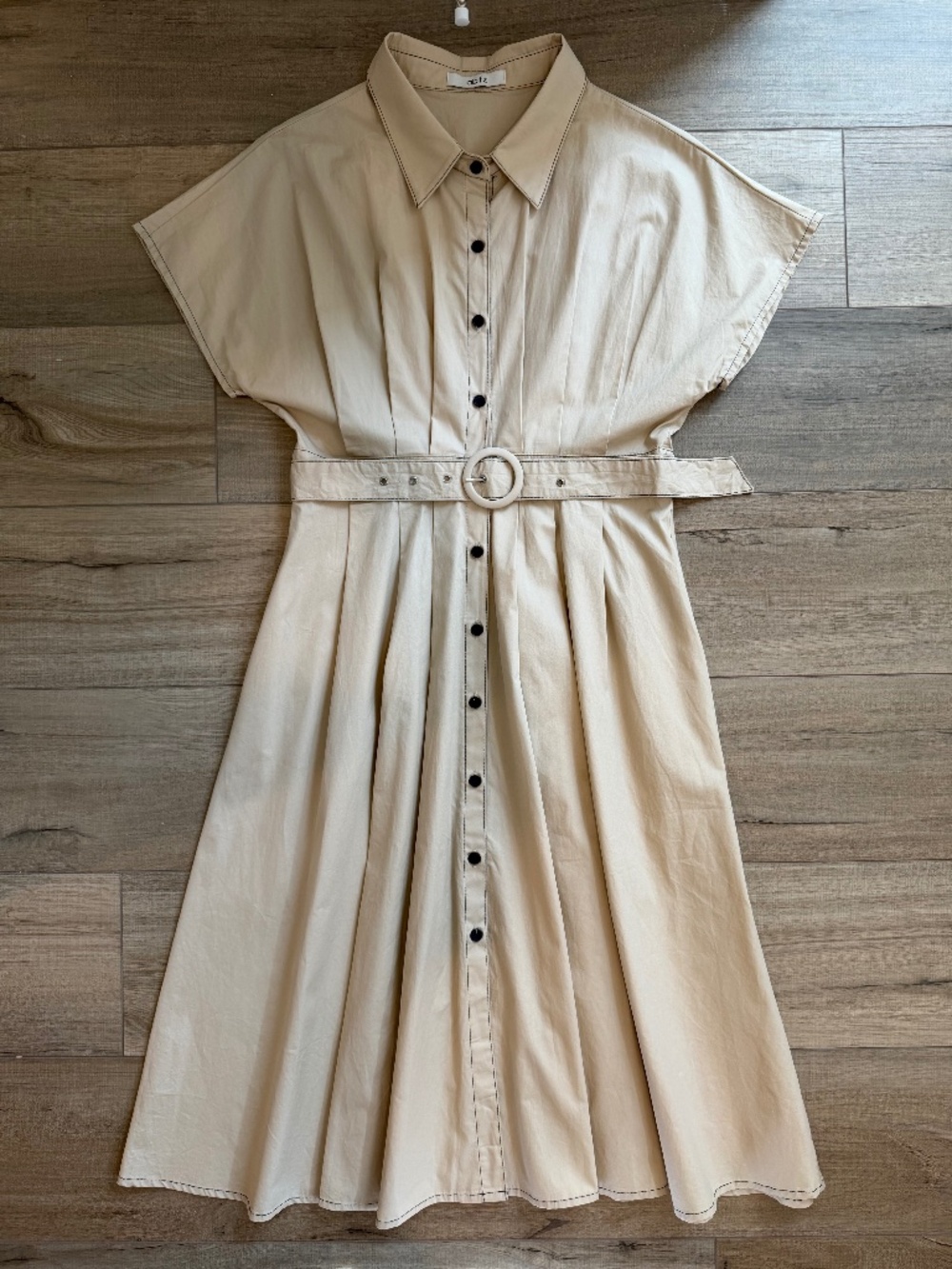 ab.f.z Women’s Light Beige Belted Button Front Midi Shirt Dress F1